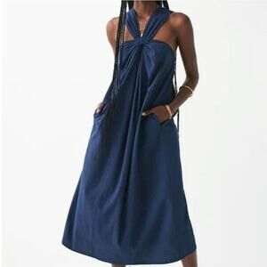 Faherty Bay Twist Seersucker Dress Navy Blue Halter Midi Loose Fitting Summer L